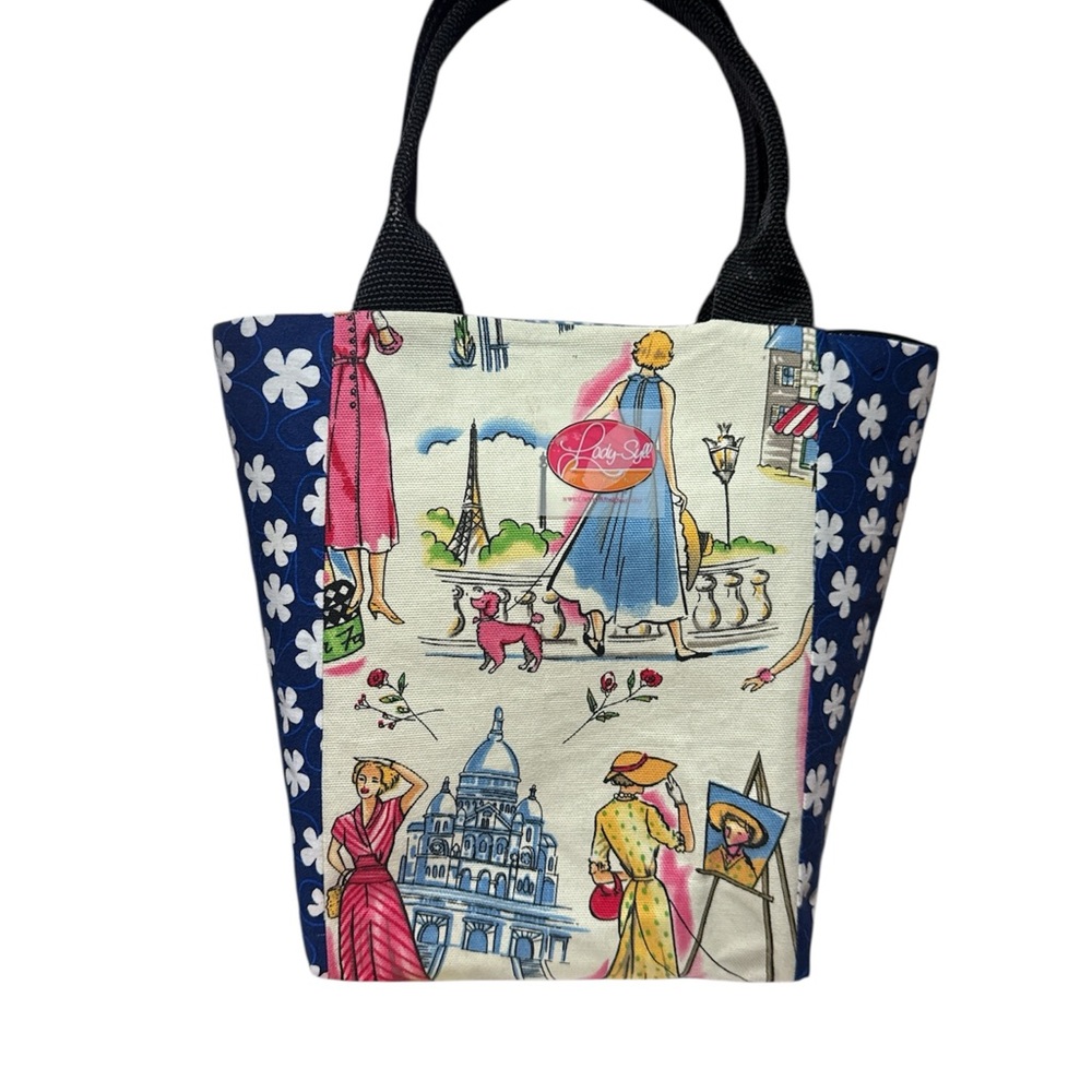 Parisian Illustration Canvas Tote Bag - Navy & Multicolor